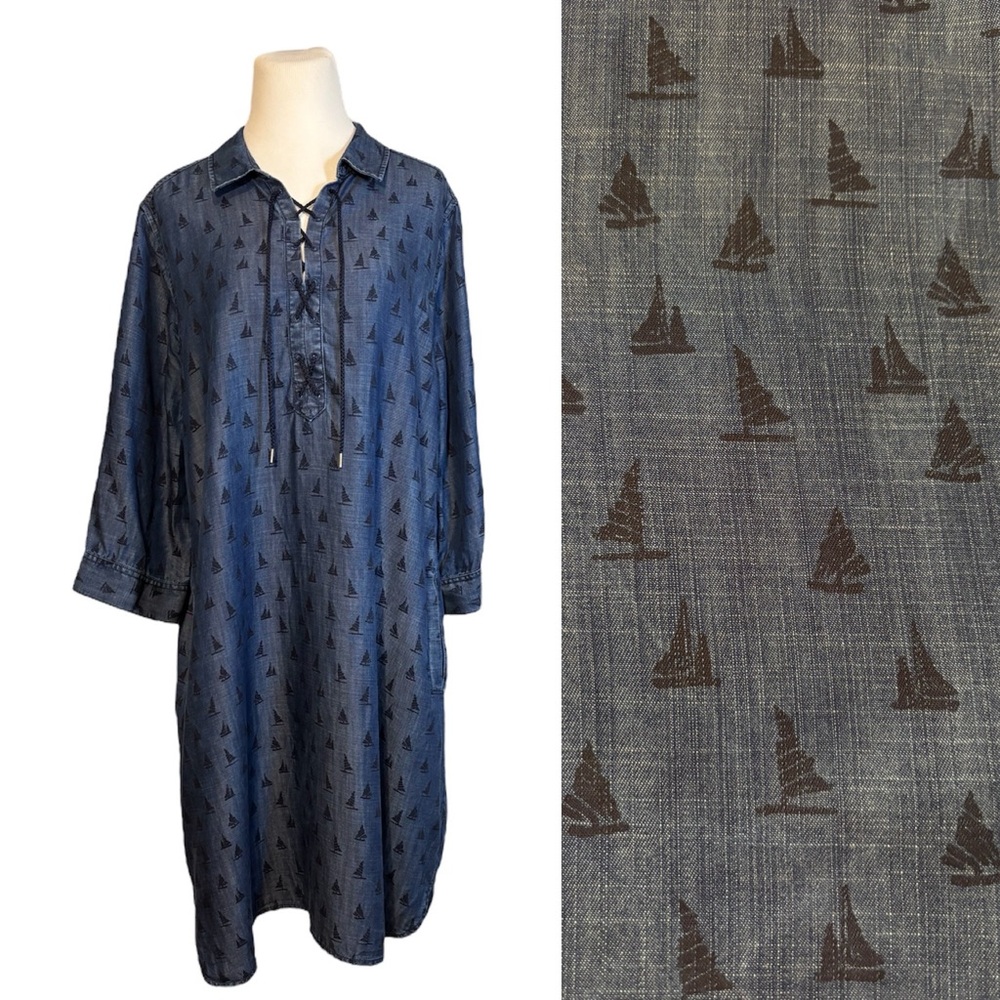 Foxcroft 14W Sailboat Print Blue Denim Chambray 3/4 Sleeve Shift Shirt Dress
